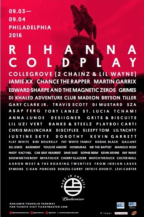 RIHANNA and COLDPLAY to Headline “BUDWEISER MADE IN AMERICA” Festival 2016